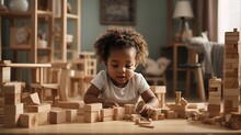 "A Visually Descriptive Prompt That Captures The Joy And Curiosity Of A Young African American Toddler As They Explore The Endless Possibilities Of Colorful Wooden Block Toys