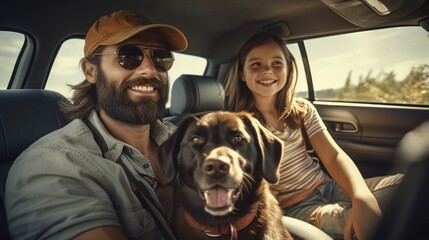 The whole family is driving for the weekend. Father and mother with daughter and Labrador dog sitting in the car