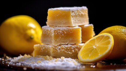 Wall Mural - Piece of biscuit dessert  with lemon and coconut flakes. Layered vanilla cake on white plate.