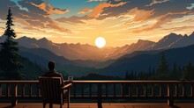 Man Sitting On Porch With Mountain View Cartoon Background.