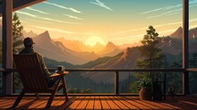 Man Sitting On Porch With Mountain View Cartoon Background.