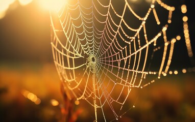 Wall Mural - cold dew condensing on a spider web with morning light rays in the background