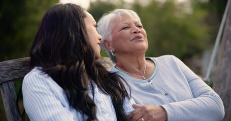 Wall Mural - Park, conversation and woman with senior mother outdoor, communication and bonding together, care and support. Adult daughter talking to happy mom on bench in garden, connection and love of family