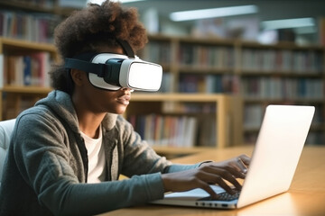 Aufkleber - African American student wearing virtual reality glasses, Sitting at desk with laptop in library, Innovation for education concept.