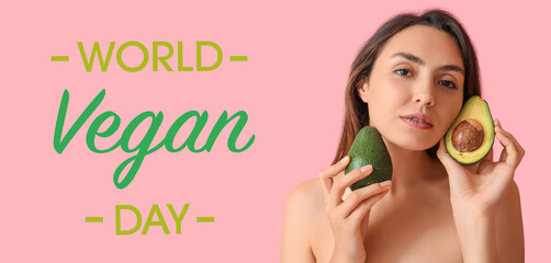 Naked young woman with fresh avocado on pink background. Banner for World Vegan Day