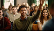 © visoot - Smiling African American man student raising her hand to ask a question during listen lecture in the classroom.