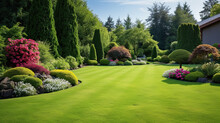 English Style Garden With Scenic View Of Freshly Mowed Lawn Flower Bed And Leafy Trees