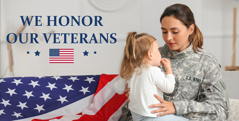 Sticker - Banner for American Veterans Day with female soldier and her little daughter