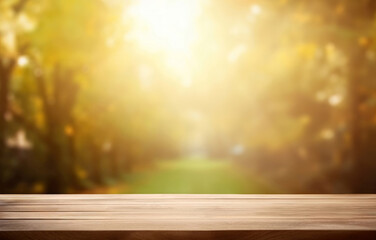 Poster - Wooden table in front of blurred autumn forest background with bokeh effect sunshine. High quality photo