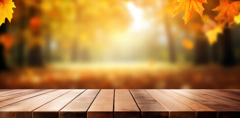 Poster - Empty wooden table over blurred autumn nature background. Ready for product display montage. High quality photo
