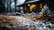 Christmas cabin - extreme low angle shot - vacation - getaway - holiday - winter - snow - blurred background 