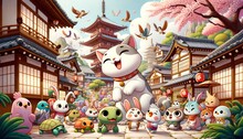 Cheerful Animated Characters Gather In An Asian Courtyard. A Giant Cat Grins Center-frame, Surrounded By Birds, Turtles, Rabbits, And Other Creatures. 