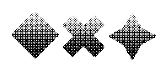 Poster - Geometric shapes bitmap set. Dither gradient forms collection. Square, cross, star elements design elements for poster, banner, collage, booklet, brochure. Abstract pixelated shapes pack. Vector