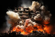 © QuantumVisions - apartment building being destroyed by a missile attack. fireball dust debris. war.