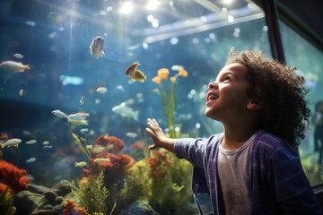 little kid looking at a big aquarium with fishes