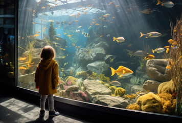 little kid looking at a big aquarium with fishes