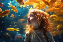 Little Kid Looking At A Big Aquarium With Fishes
