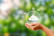 CO2 symbol on cloud in human hand. Concepts about the issue of carbon dioxide emissions and their impact on nature.