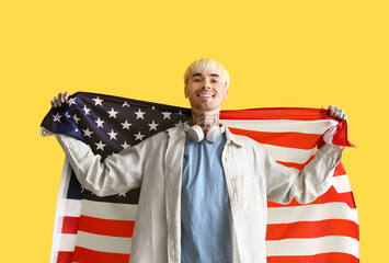 Sticker - Young man with USA flag on yellow background