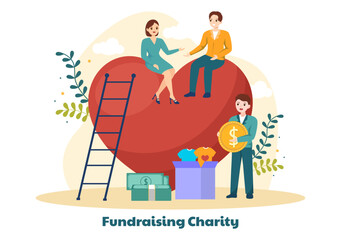 Wall Mural - Fundraising Charity and Donation Vector Illustration with Volunteers Putting Coins or Money in Donation Box in Financial Support Cartoon Background