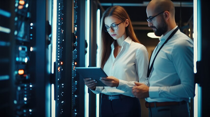 Two IT server technicians talking in a data centre and discussing software and malware system, Professional computer engineers.