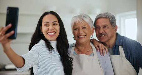 Poster - Selfie, happy family and together with smile in kitchen to remember, quality time and bond. People, parent and woman with happiness in relationship with memory for social media, mobile app or web