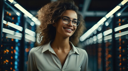 Fototapete - Data Center Engineer, Young IT woman working in supercomputer electricity backup room.