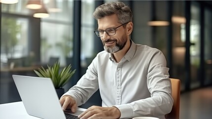 Poster - Senior business man working on laptop, Experienced programmer inside office at workplace.
