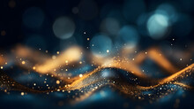 Abstract Background With Dark Blue And Gold Particle. Christmas Golden Light Shine Particles Bokeh On Navy Blue Background. Gold Foil Texture. Holiday Concept.