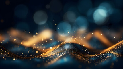 Abstract background with Dark blue and gold particle. Christmas Golden light shine particles bokeh on navy blue background. Gold foil texture. Holiday concept.