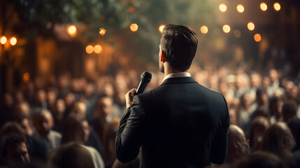 Back view of Man in business suit giving a speech on the stage in front of the audience.