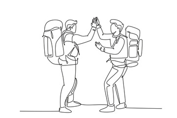 Wall Mural - Single continuous line drawing of two young happy tourist carrying backpack to go to holiday and gives high five gesture. Backpacker traveling. Dynamic one line draw graphic design vector illustration