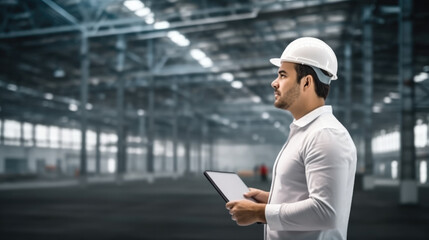 Fototapete - Logistics supervisor doing merchandise inventory in empty warehouse, Warehouse industry concept.