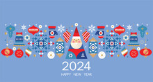 Merry Christmas And Happy New Year 2024 Holiday Template Design Banner, Poster, Card, Cover. Gifts, Ball Toy, Christmas Tree, Golden Snowflake Modern Xmas Flat Cartoon Cute Vector Illustration	
