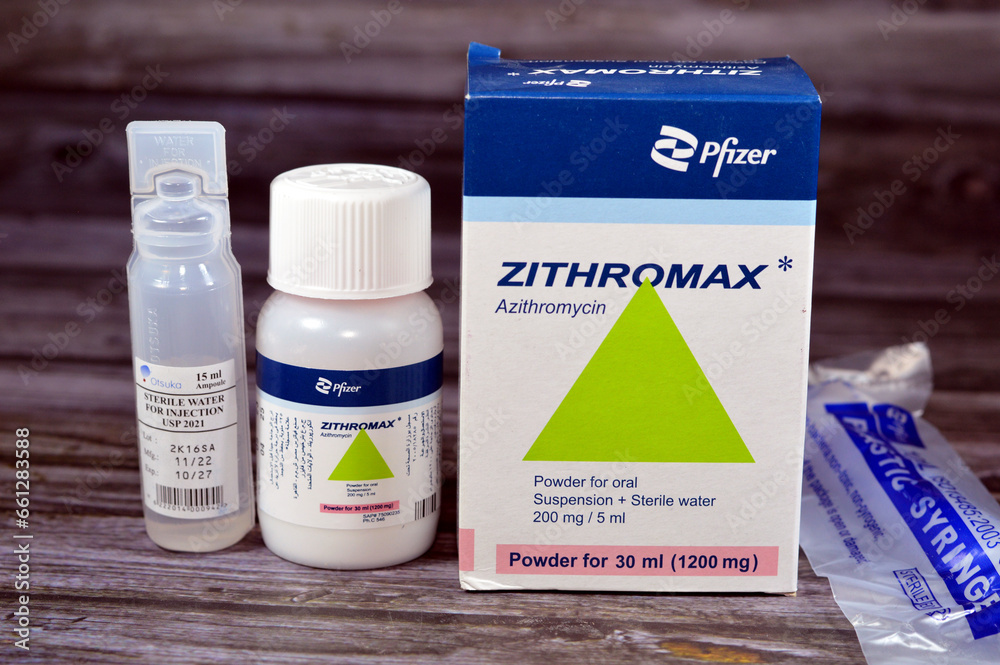 Cairo, Egypt, October 8 2023: Zithromax Azithromycin suspension powder ...