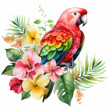 Parrot Flower And Fruit Illustration, Generative Ai