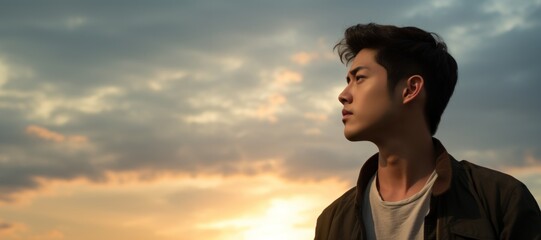 Poster - Young Asian man looking at sky at sunset