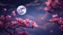 Magical Purple Night Sky With Shining Stars, Clouds, Moon And Pink Magnolia Flowers,Fantasy Background