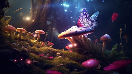 Fantasy fairy tale forest with trees and giant mushrooms,