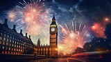 Fototapeta Big Ben - Beautiful fireworks behind the big ben clock at the night AI Generative