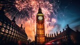 Fototapeta Londyn - Beautiful fireworks behind the big ben clock at the night AI Generative
