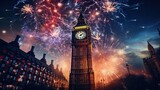 Fototapeta Big Ben - Beautiful fireworks behind the big ben clock at the night AI Generative