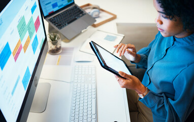 Poster - Woman with computer, notebook and schedule in office, agenda and reminder for office administration. Online calendar, charts and girl at desk planning spreadsheet for time management with high angle.