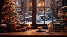 Christmas Coffee Shop Retro Cute Cozy Vibe Snowy Outside