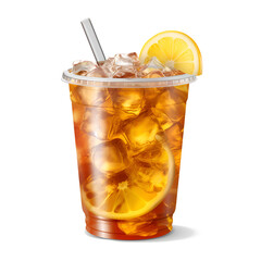 Wall Mural - Ice tea on plastic cup with lemon, side view isolated on transparent background