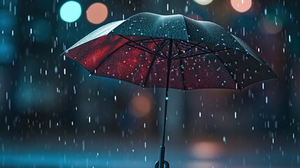 raindrops fall on a black umbrella at night