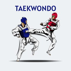  Two Boys Fighting in Taekwondo Competition Illustration Vector.