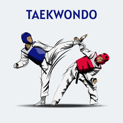  Two Boys Fighting in Taekwondo Competition Illustration Vector.