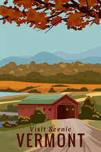 Vermont USA Travel Poster, Autumn Rural Landscape