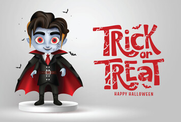 Wall Mural - Halloween vampire character vector design. Trick or treat greeting text with boy vampire character in podium stage for product display background. Vector illustration horror party invitation card.
